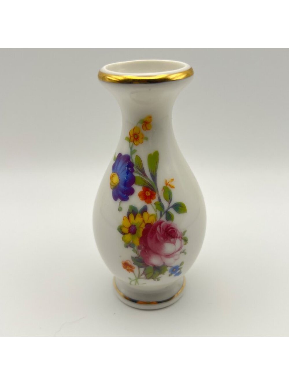 Vintage Made in France Miniature Porcelain Bud Vase Floral Gold Trim 4" Roses